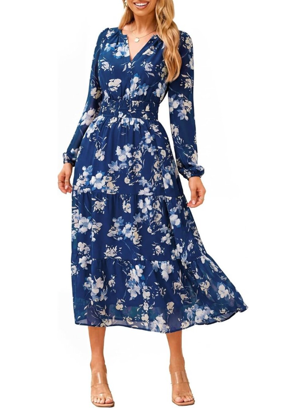 Women's Blue Floral Boho V Neck Long Sleeve Flowy Wedding Guest Maxi Dresses